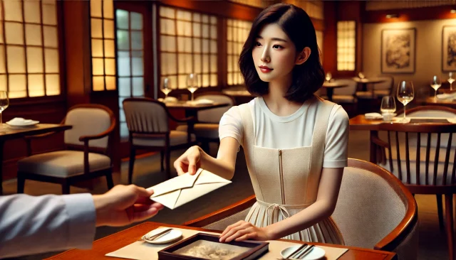 お手当ての入った封筒を受け取るパパ活女子