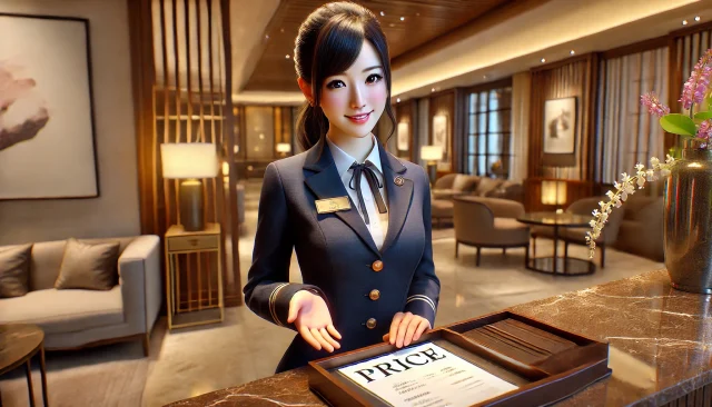 交際クラブやアプリの料金を説明する女性