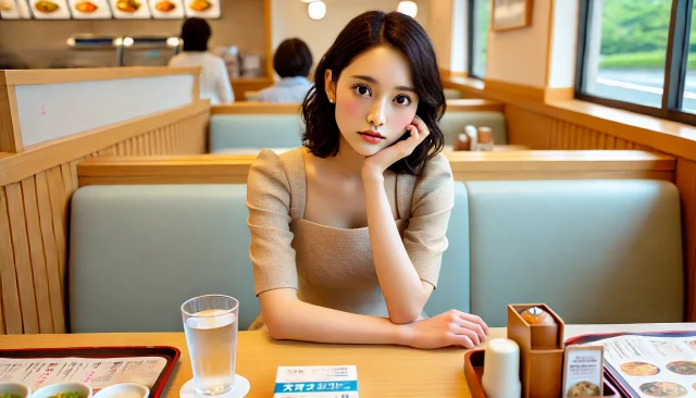 ファミレスでパパ活の顔合わせで不機嫌そうな女性
