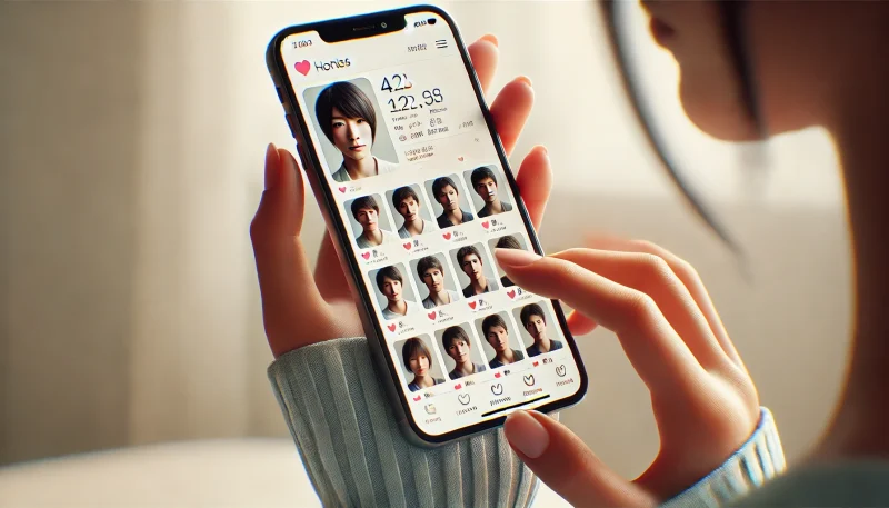 パパ活アプリで男性プロフィールを見る女性