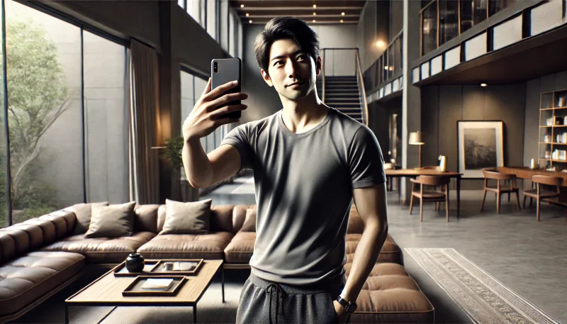 パパ活のプロフィールの顔写真様に自撮りする男性