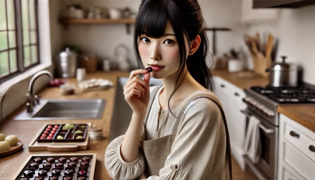 バレンタイン用の手作りチョコを味見するパパ活女子