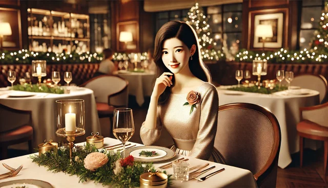 パパ活でクリスマスディナーを食べる女性