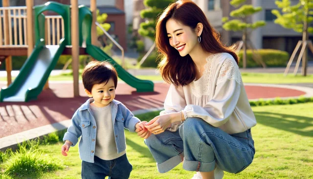 シングルマザーのパパ活女子が公園で子供と遊んでいる